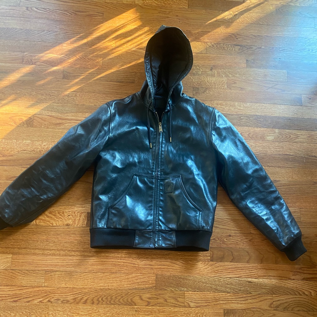 Carhartt Vintage Collectors Genuine Black Leather Hooded Jacket !!